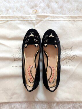 NWT Charlotte Olympia Black Velvet Kitty Flats with Metallic Heel (Size: 6)
